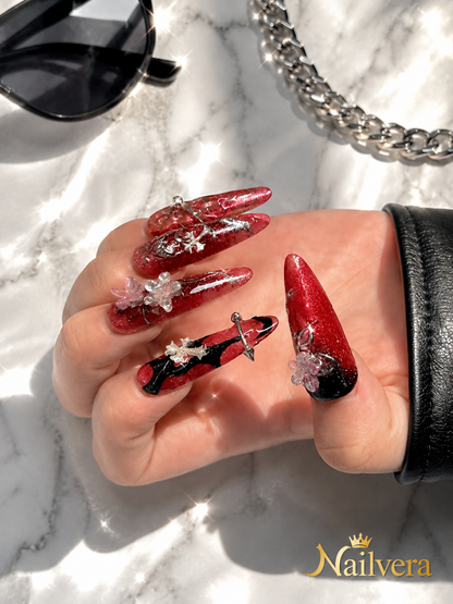 Dark Anime Press-On Nails – Handmade Gothic Y2K Chrome Gel Nail Set