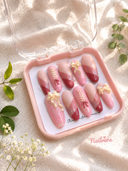Pink Coquette Handmade Press-On Nails with 3D Bow & Corset Design