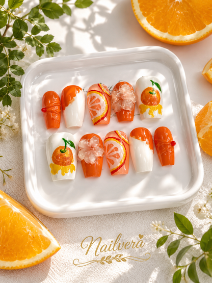 Orange Blossom Press-On Nails – Handmade 3D Citrus Gel Nail Set