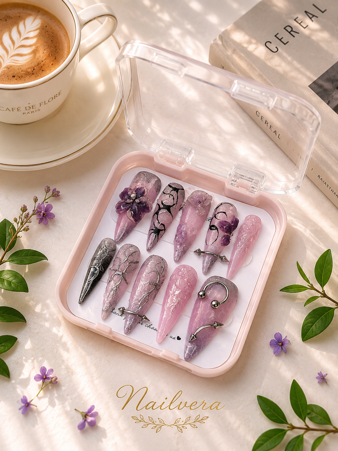 Lavender Gothic Press-On Nails – Handmade 3D Floral Chrome Gel Nail Set