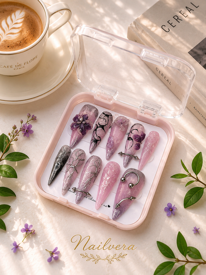 Lavender Gothic Press-On Nails – Handmade 3D Floral Chrome Gel Nail Set