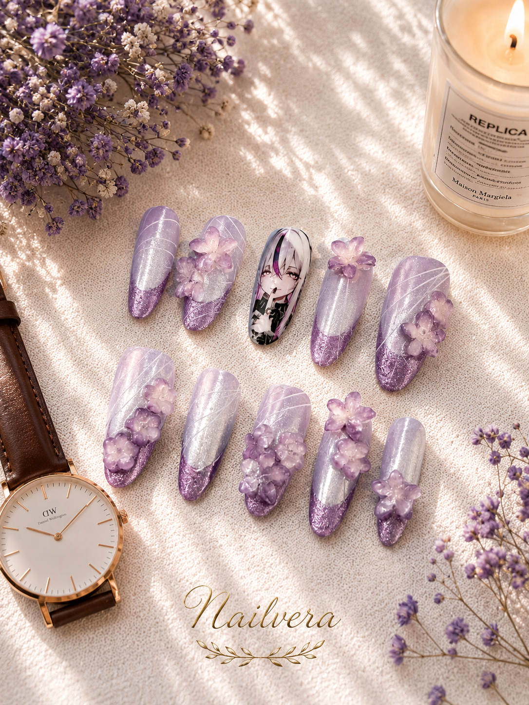 Lavender Anime Press-On Nails – Handmade 3D Sakura Gel Nail Set