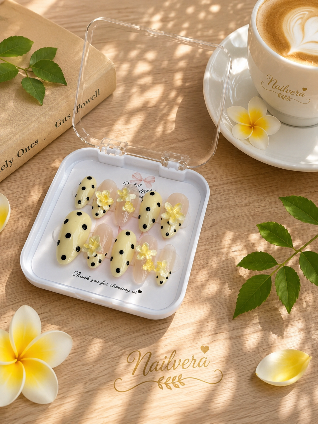 Butter Yellow Press-On Nails – Handmade 3D Plumeria Floral Gel Nail Set