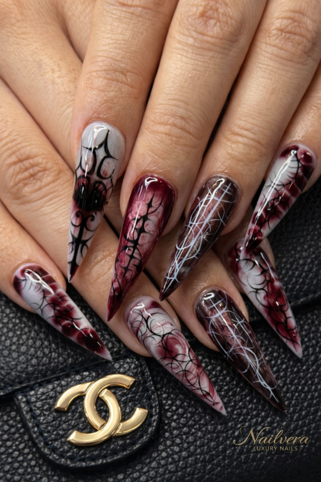Gothic Spider Press-On Nails – Dark Red Web Design | Nailvera Luxury Nails