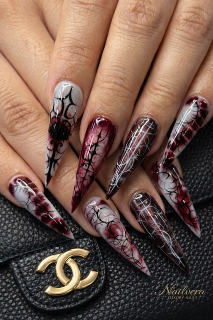 Gothic Spider Press-On Nails – Dark Red Web Design | Nailvera Luxury Nails