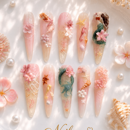 Mermaid Fantasy Press-On Nails – Handmade Ocean Princess 3D Gel Nail Set
