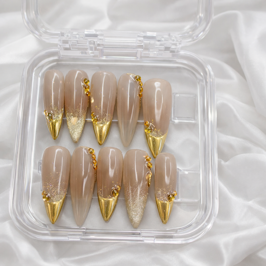 Golden Nude Press-On Nails – Minimalist Gold Tip Luxury Design | Nailvera Luxury Nails