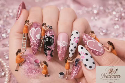 Cute Cat Press-On Nails – Pink 3D Charm Design, Glossy Handmade Nails for Trendy Girls 💕🐱