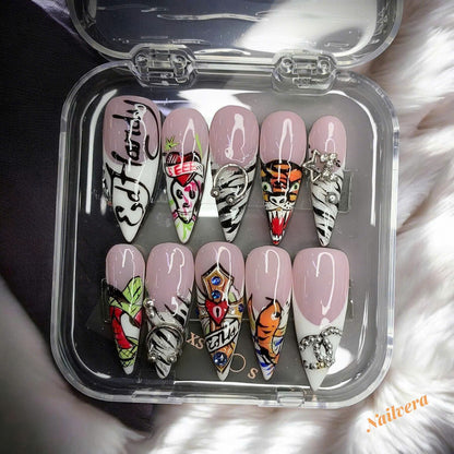 Tattoo Art Press-On Nails – Edgy Cartoon & Street Style Design | Nailvera Luxury Nails