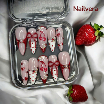 Strawberry Love Press-On Nails – Red Heart Bow Design | Nailvera Luxury Nails