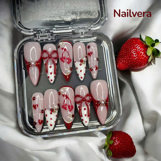 Strawberry Love Press-On Nails – Red Heart Bow Design | Nailvera Luxury Nails