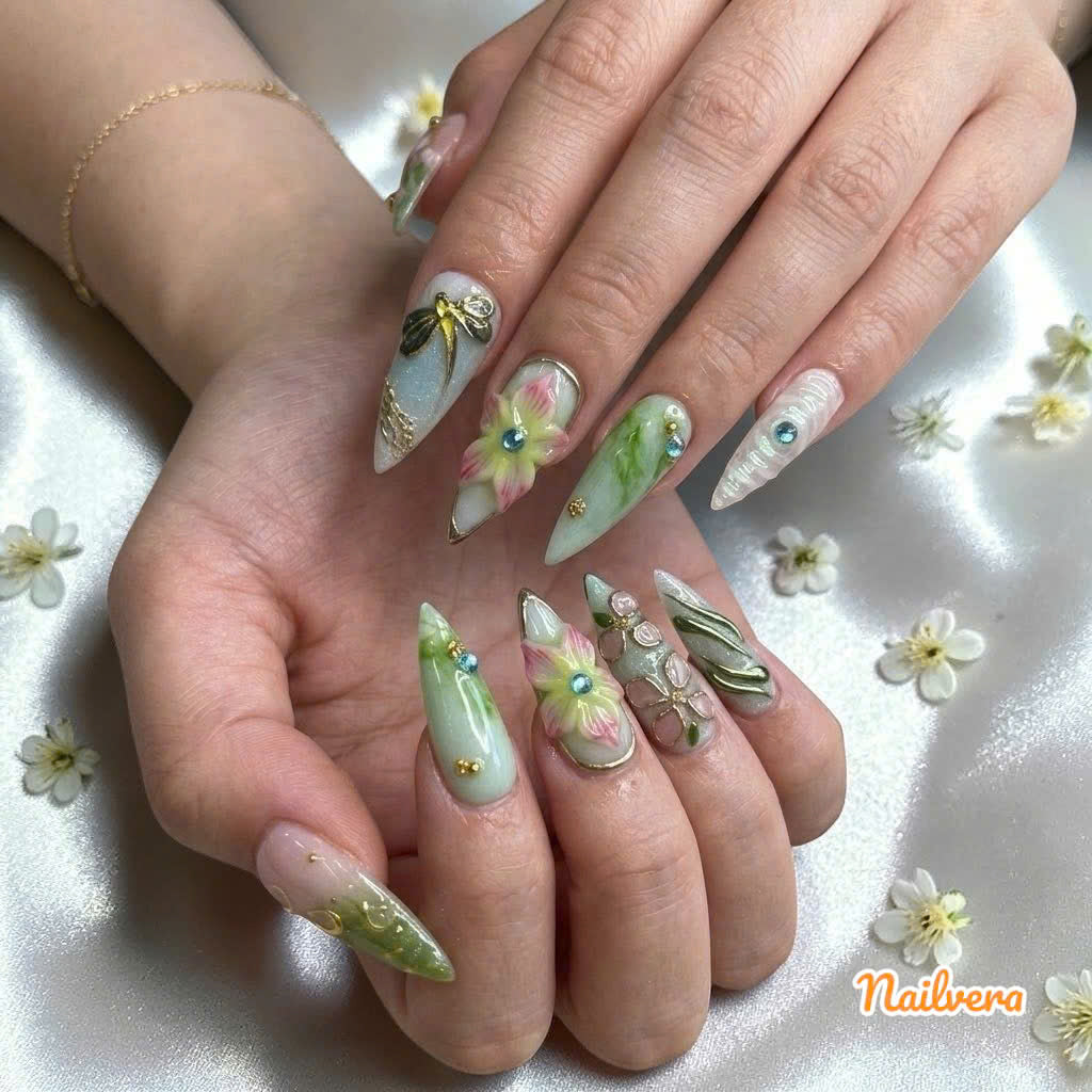 Botanical Bloom Press-On Nails – Green Floral 3D Nature Design | Nailvera Luxury Nails