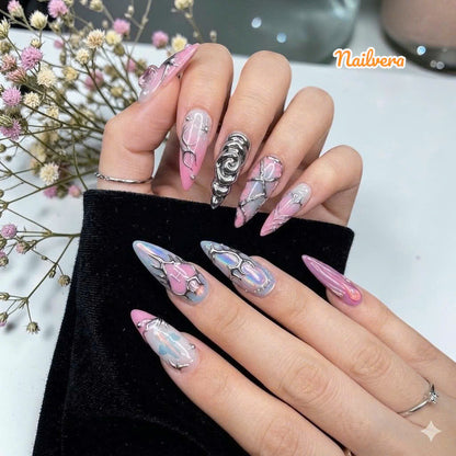 Pink Chrome Edge Press-On Nails – Black Silver 3D Abstract Design | Nailvera Luxury Nails