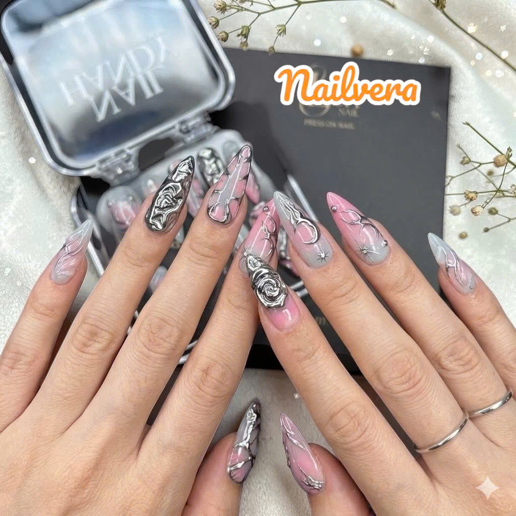 Pink Chrome Edge Press-On Nails – Black Silver 3D Abstract Design | Nailvera Luxury Nails