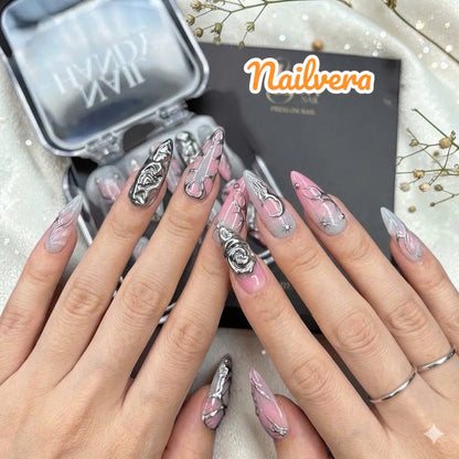 Pink Chrome Edge Press-On Nails – Black Silver 3D Abstract Design | Nailvera Luxury Nails