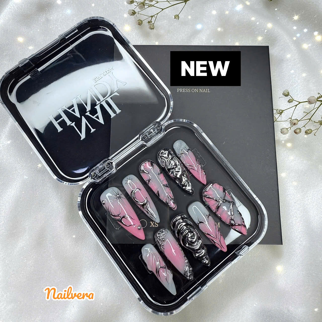 Pink Chrome Edge Press-On Nails – Black Silver 3D Abstract Design | Nailvera Luxury Nails