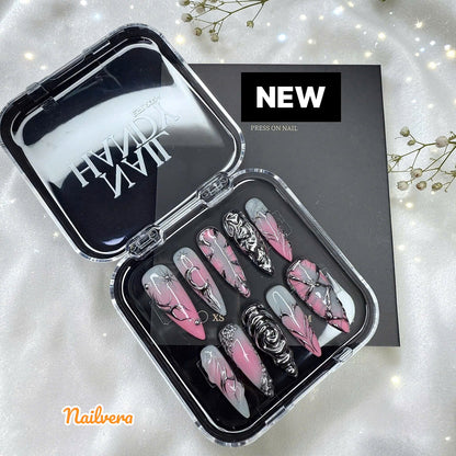 Pink Chrome Edge Press-On Nails – Black Silver 3D Abstract Design | Nailvera Luxury Nails