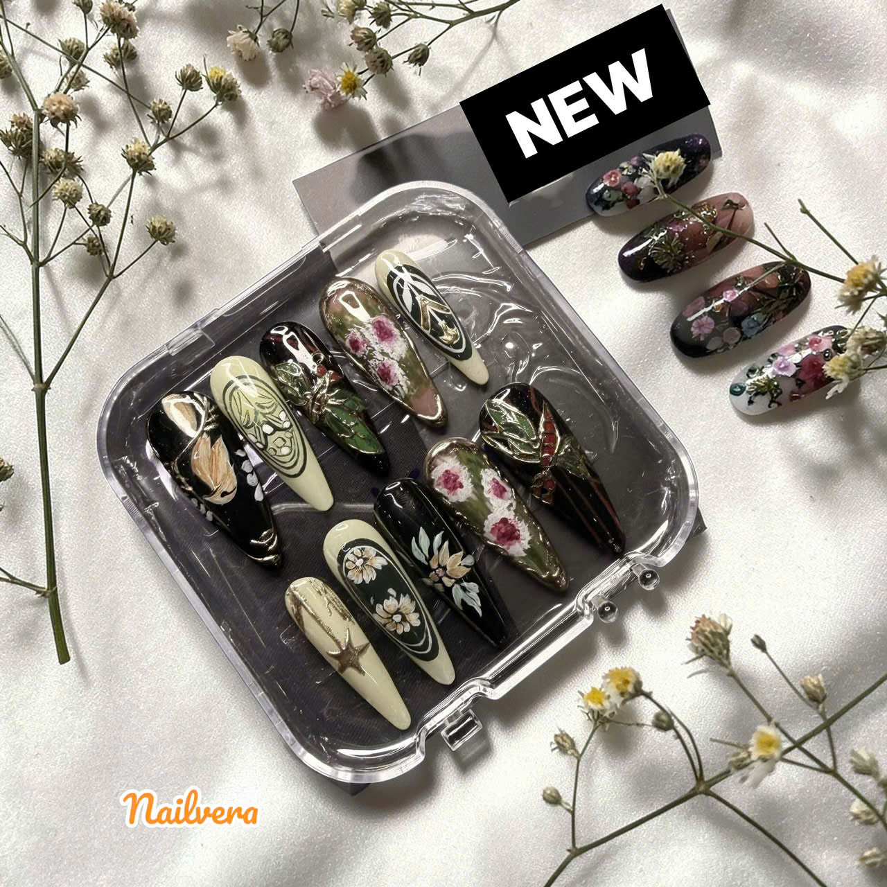 Vintage Botanical Press-On Nails – Dark Floral Hand-Painted Luxury Set | Nailvera