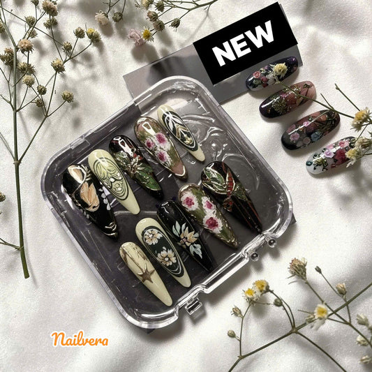 Vintage Botanical Press-On Nails – Dark Floral Hand-Painted Luxury Set | Nailvera