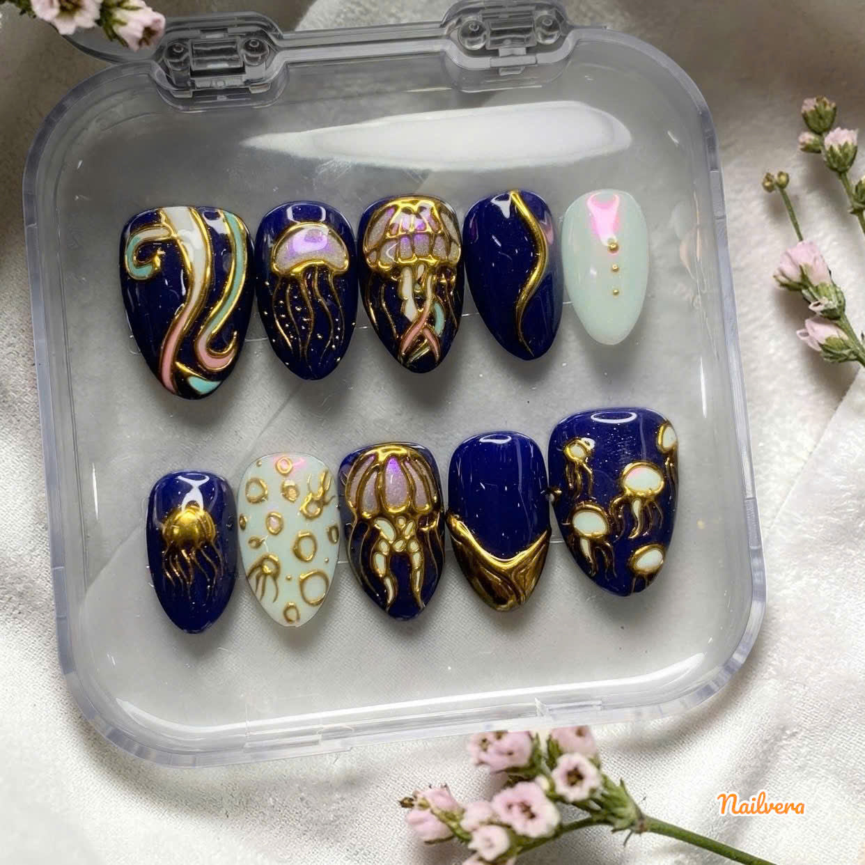 Deep Ocean Jellyfish Press-On Nails – Luxury Navy Blue & Gold Chrome, Iridescent Aurora Design, Reusable Nail Set