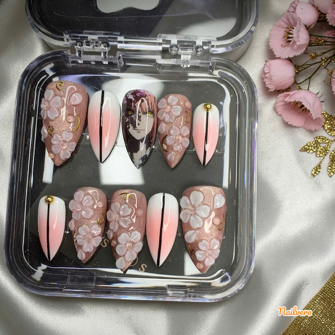 Cherry Blossom Anime Press-On Nails – Pink Sakura 3D Floral Luxury Set | Nailvera