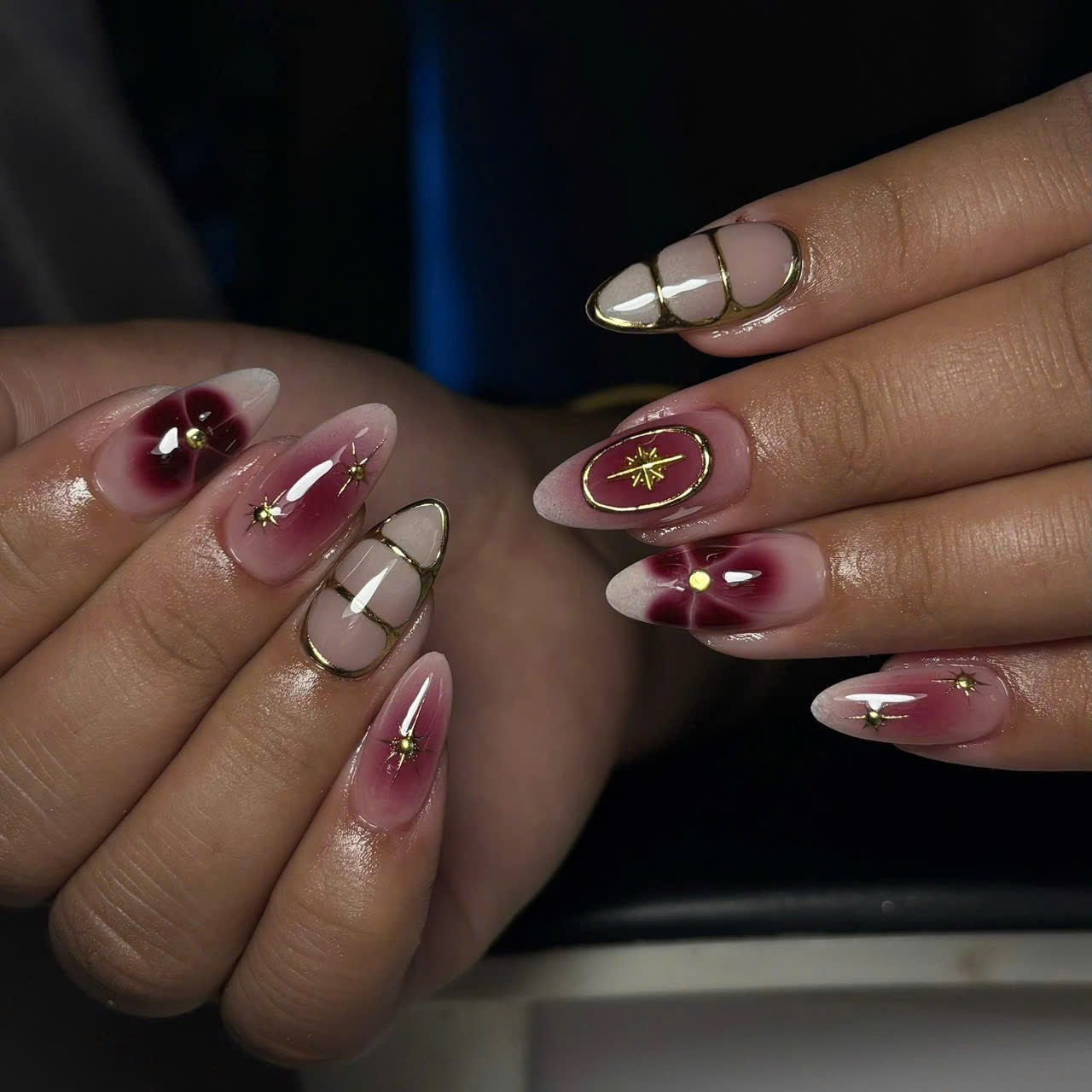 Burgundy Aura Press-On Nails – Gold Outline Elegant Luxury Nail Set | Nailvera