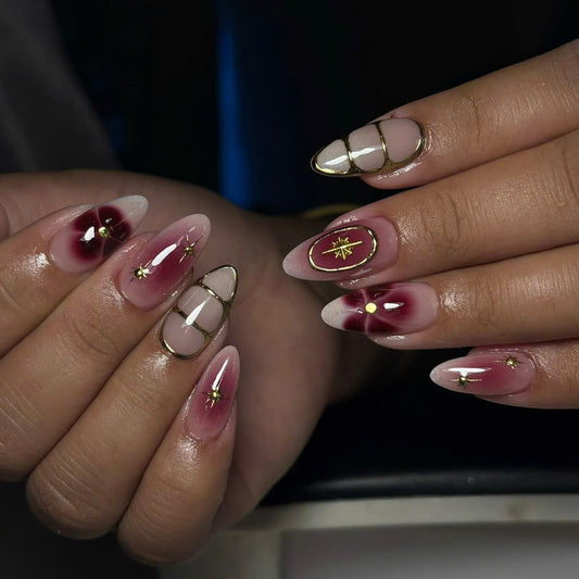 Burgundy Aura Press-On Nails – Gold Outline Elegant Luxury Nail Set | Nailvera