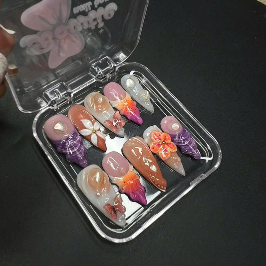 Tropical Blossom 3D Press-On Nails – Floral Sunset Nail Set with Jelly Texture | Nailvera
