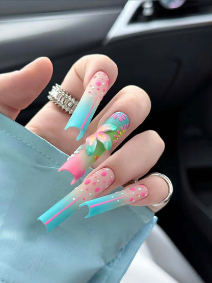 Pastel Aura 3D Press-On Nails – Long Stiletto Gradient Nails with Floral Art | Nailvera