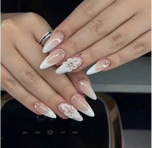 Elegant Bridal White Press-On Nails – 3D Flower Almond Nails with Gold Details | Nailvera