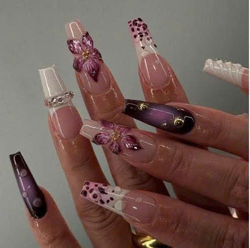 Midnight Orchid 3D Press-On Nails – Nude Purple Ombre Nails with Floral & Glossy Details | Nailvera